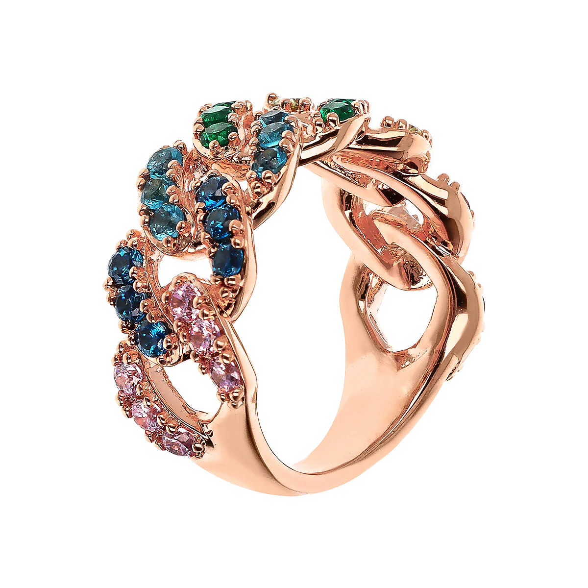 Gioielleria De Santis BRONZALLURE Anello a Fascia Catena Grumetta Squadrata con Pavé di Cubic Zirconia