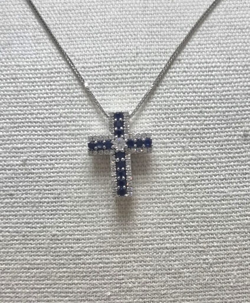 Gioielleria De Santis Collana BIBIGI crocetta oro bianco con zaffiri e brillanti