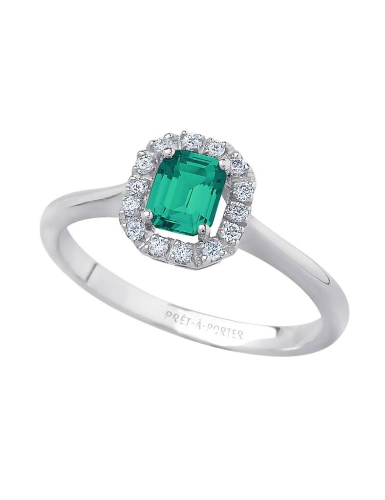 Gioielleria De Santis Anello Bibigì in Oro Bianco con Smeraldo Ottagonale e Contorno di Diamanti