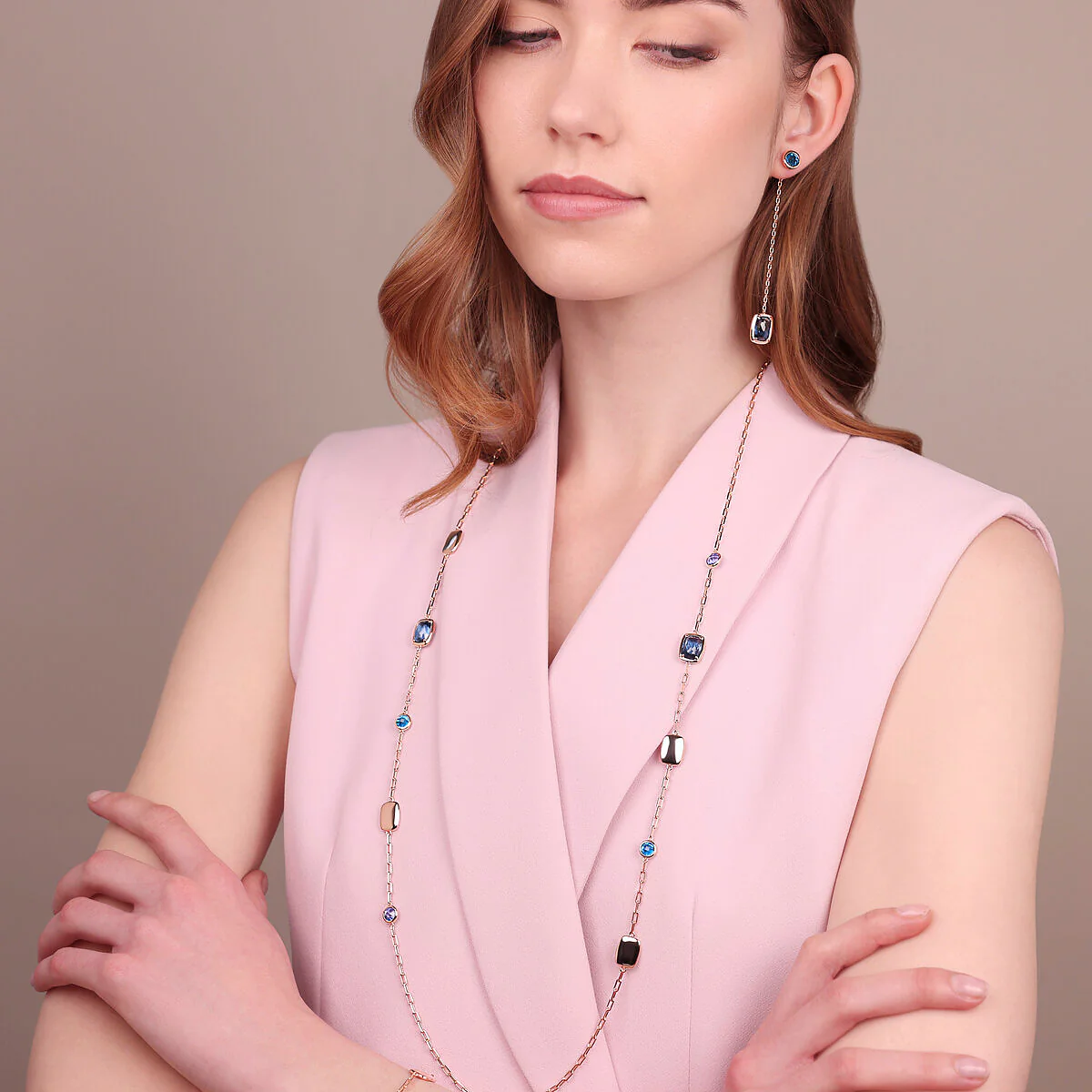 BRONZALLURE Collana Lunga con Pepite e Prisma Gem Tonde e a Baguette - immagine 2