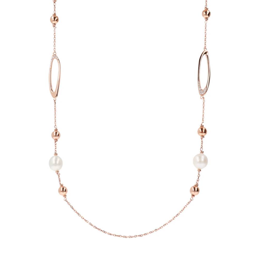 Gioielleria De Santis Bronzallure Collana Lunga Catena Rolo con Dettagli Ovali e Perle Coltivate d’Acqua Dolce