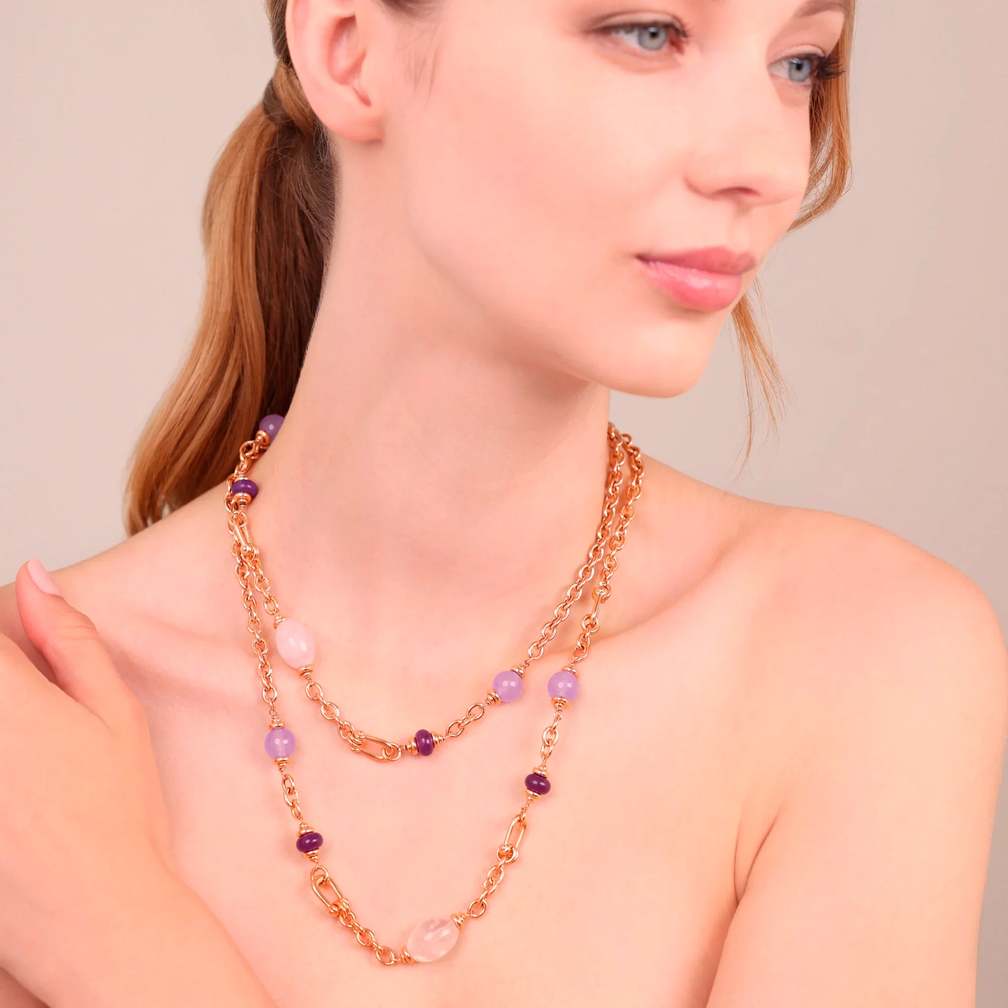 BRONZALLURE Collana Lunga Pepite Lucide e Pietre Naturali di Quarzite Viola - immagine 3