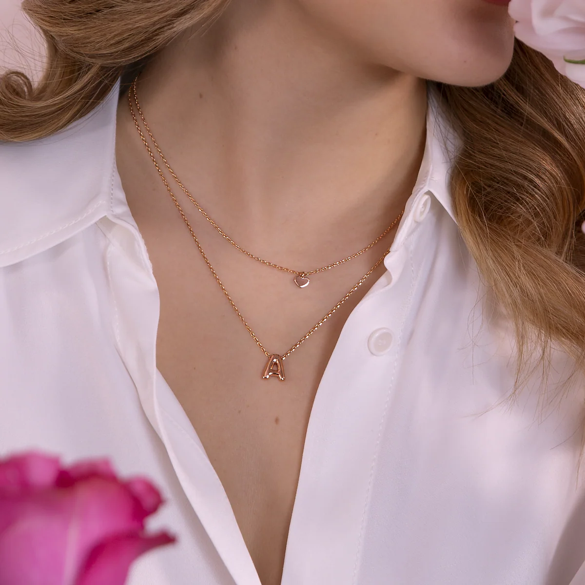 BRONZALLURE Collana Multifilo Graduata Catena Forzatina con Ciondolo Cuore e Pendente Lettera - immagine 3