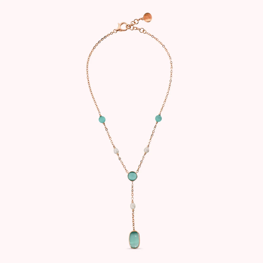 BRONZALLURE Collana a Cravatta con Pietre Effetto Occhio di Gatto e Perle d'Acqua Dolce VERDE ACQUA - immagine 2