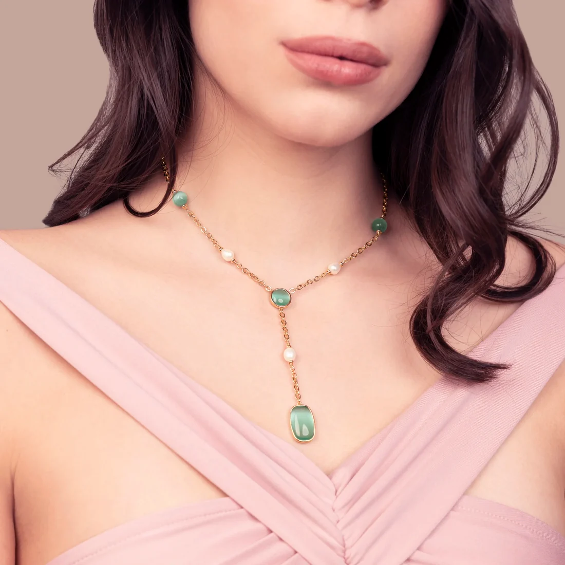 BRONZALLURE Collana a Cravatta con Pietre Effetto Occhio di Gatto e Perle d'Acqua Dolce VERDE ACQUA - immagine 3